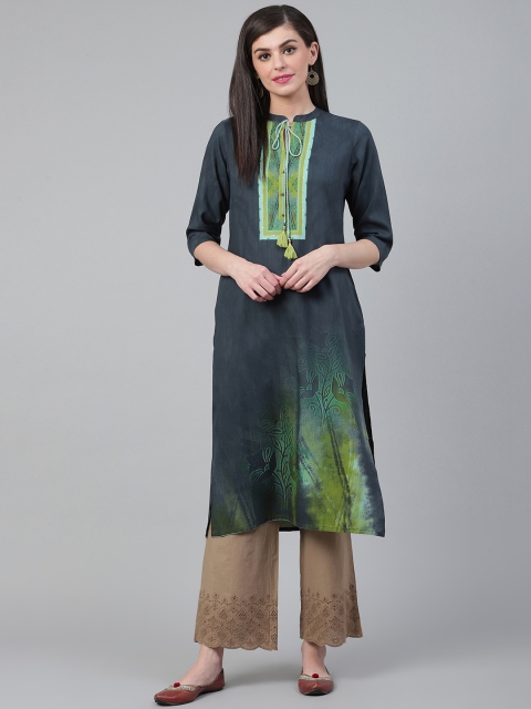 

Shree Women Navy Blue & Green Printed Straight Kurta