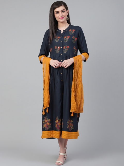 

Shree Women Navy Blue & Mustard Yellow Printed A-Line Dress with Dupatta