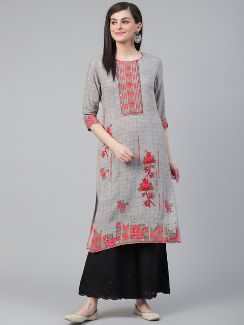 

Shree Women Grey & Orange Sequins Geometric Printed Straight Kurta