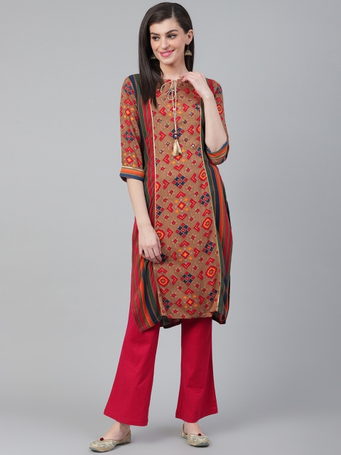 

Shree Women Brown & Red Mirror Work Ethnic Printed Straight Kurta