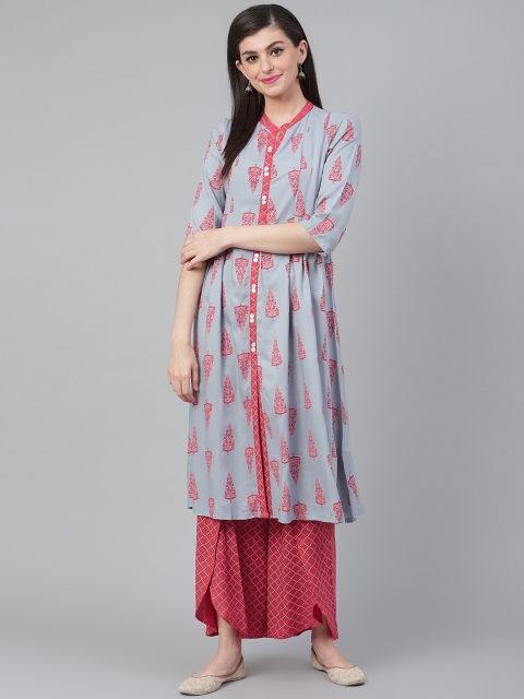 

Shree Women Grey & Coral Pink Printed Kurta with Palazzos