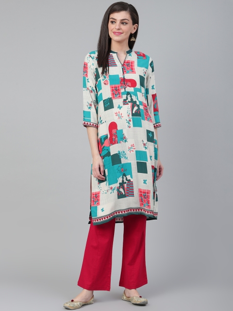 

Shree Women White & Blue Geometric With Floral Printed Straight Kurta