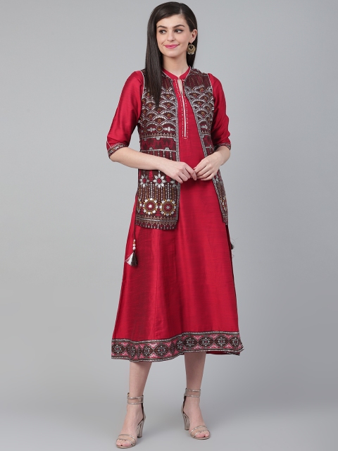 

Shree Women Red & Silver Printed A-Line Dress with Ethnic Jacket