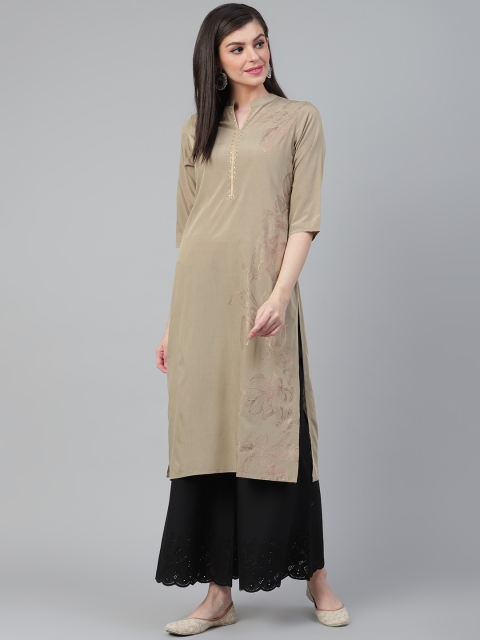 

Shree Women Beige & Golden Floral Printed Straight Kurta