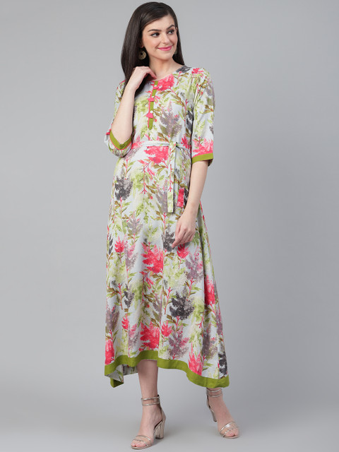 

Shree Women Grey & Green Printed Asymmetric Maxi Dress