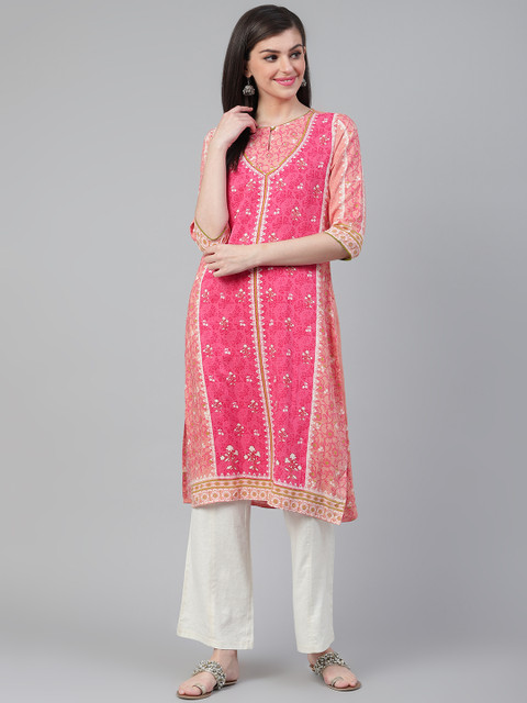 

Shree Women Pink & Peach-Coloured Sequinned Ethnic Printed Straight Kurta