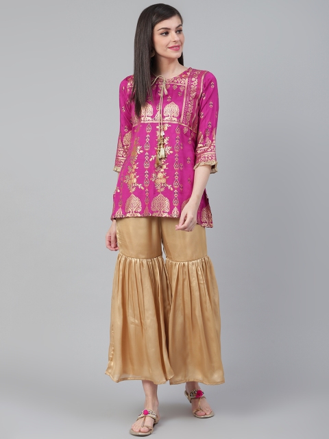 

Shree Women Pink & Golden Printed Kurti with Sharara