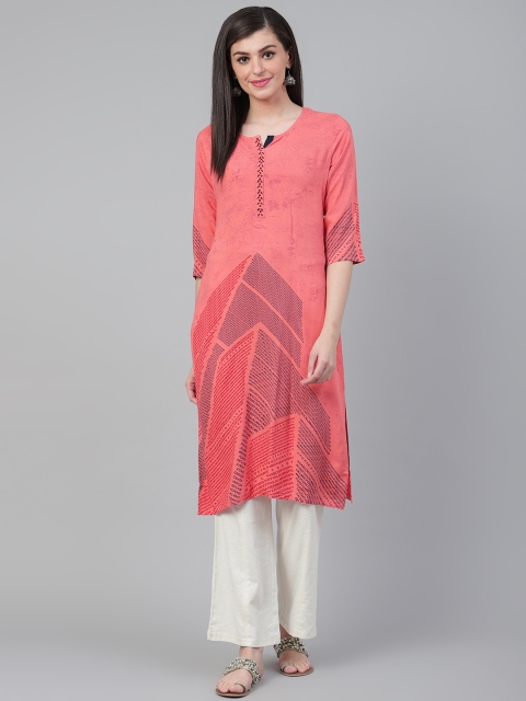 

Shree Women Pink & Blue Floral With Typography Printed Straight Kurta