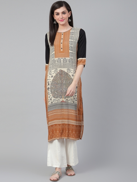 

Shree Women Mustard Brown & Beige Liva Printed Straight Kurta