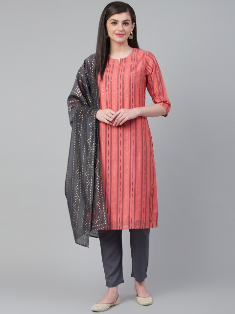 

Shree Women Peach-Coloured & Charcoal Grey Printed Kurta with Trousers & Dupatta