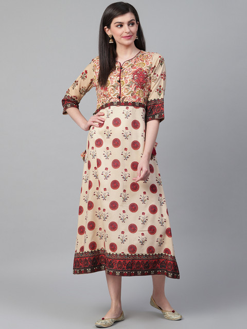 

Shree Women Beige & Maroon Printed A-Line Dress