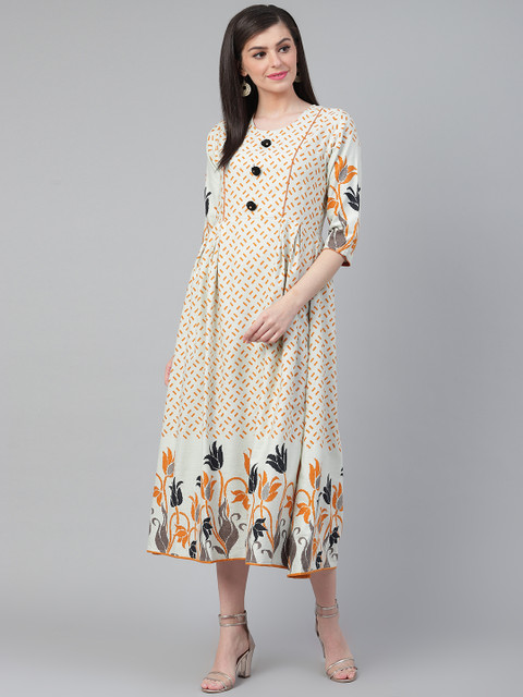 

Shree Women Off-White & Mustard Yellow Printed Maxi Dress
