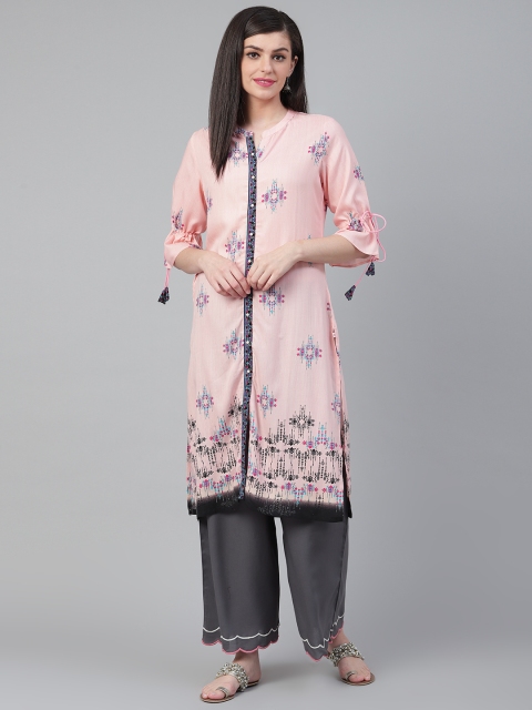 

Shree Women Pink & Charcoal Grey Printed Kurta with Palazzos