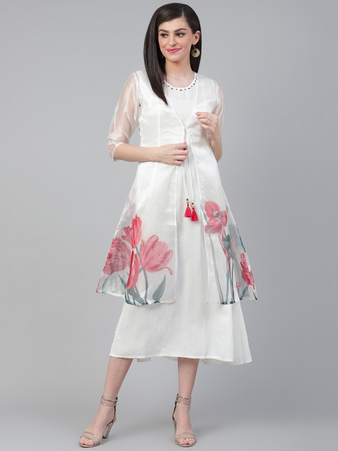 

Shree Women White Solid Maxi Dress With Jacket