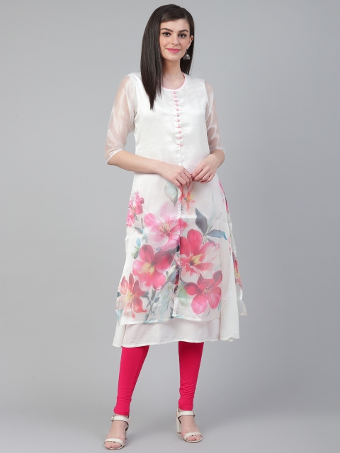 

Shree Women White & Pink Floral Printed Layered A-Line Kurta