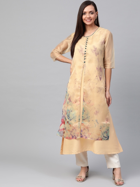 

Shree Women Beige & Blue Floral Printed Layered A-Line Kurta