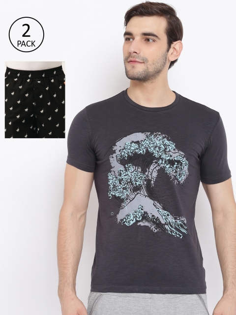 

Sweet Dreams Men Black & Charcoal Grey Printed Lounge Pants with T-shirt