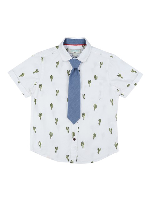 

Pantaloons Junior Boys White & Olive Green Regular Fit Printed Casual Shirt With Tie
