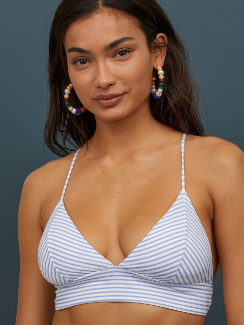 

H&M Women White Striped Padded Triangle Bikini Top, Blue