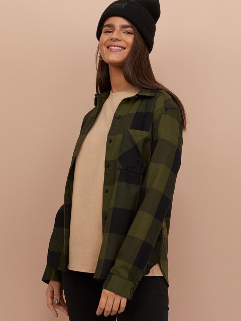 

H&M Women Olive Green & Black Cotton Shirt
