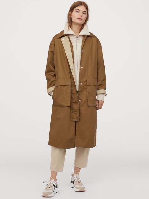 H&M Women Olive Green Solid Oversized Coat