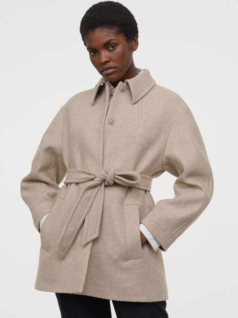 

H&M Women Beige Solid Wool-Blend Coat