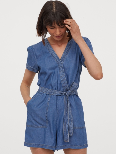 

H&M Women Blue V-neck Denim Playsuit