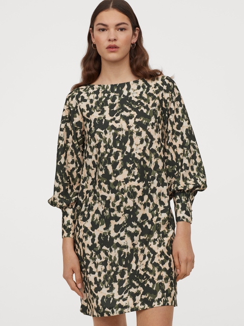 

H&M Women Black & Green Camo Printed Boat-Neck Satin Dress
