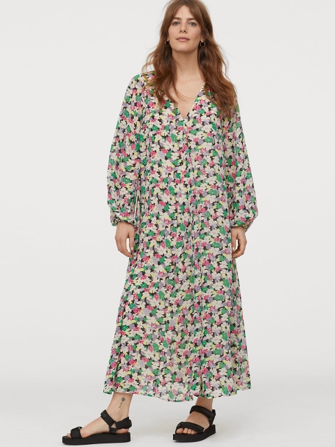 

H&M Women Off-White & Pink Floral Printed Balloon-Sleeved Sustainable Dress