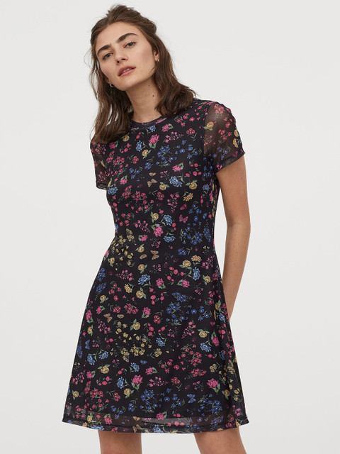 

H&M Women Black & Yellow Floral Patterned Mesh Dress