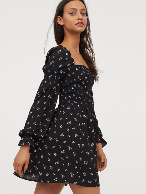 

H&M Women Black Printed Smocking-Detail Dress