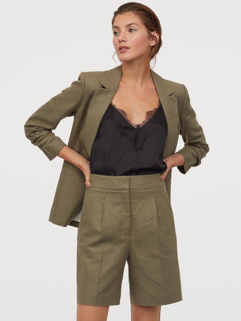 

H&M Women Olive Green Linen Shorts