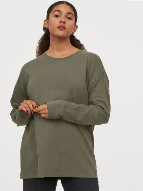 

H&M Women Olive Green Jersey Longline Top