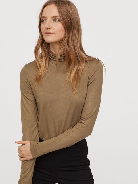 

H&M Women Olive Brown Polo-Neck Top