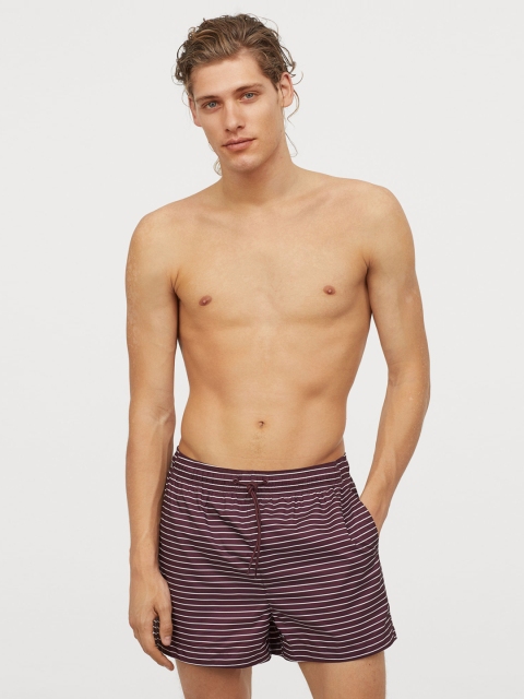 

H&M Men Burgundy & White Striped Swim Shorts