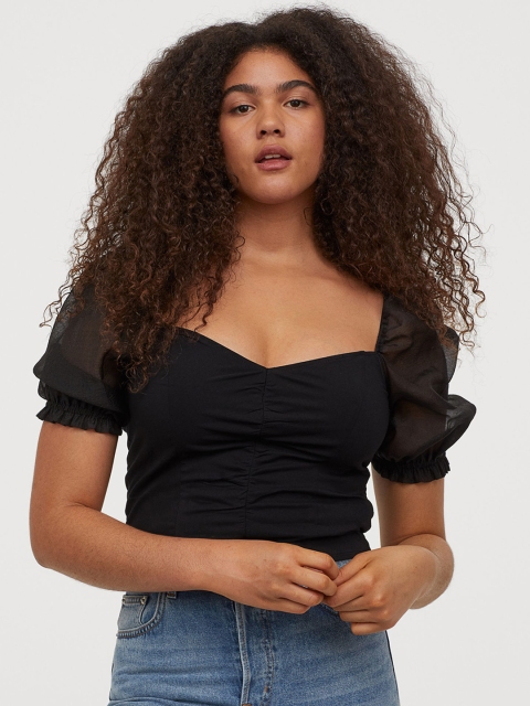 

H&M Women Black Solid Puff-Sleeved Top