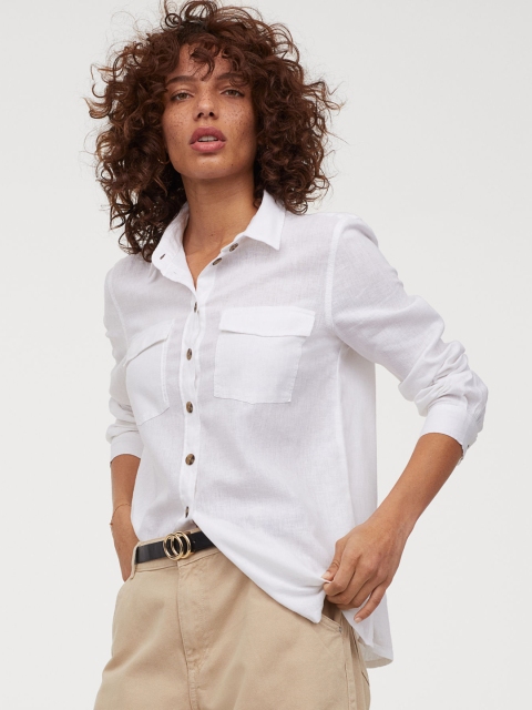 

H&M Women White Linen-Blend Shirt