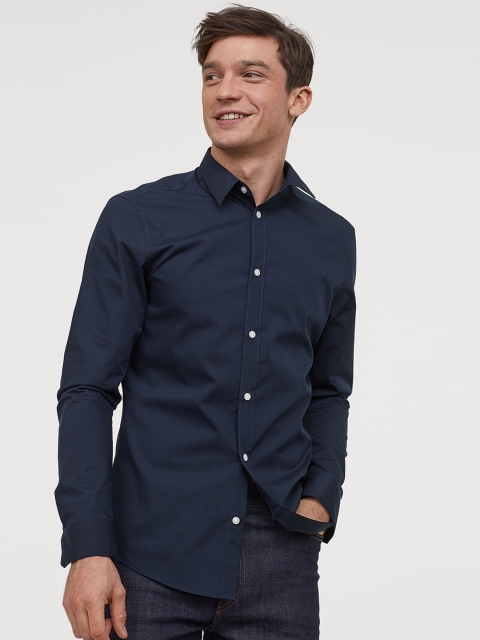 

H&M Men Navy Blue Solid Easy-Iron Shirt Slim Fit