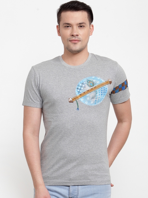 

RANGRAGE Men Grey Printed Round Neck Pure Cotton T-shirt