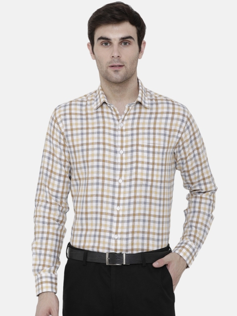 

CAVALLO by Linen Club Men Cotton Linen Brown & White Regular Fit Checked Formal Shirt