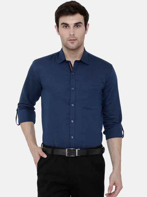 

CAVALLO by Linen Club Men Cotton Linen Navy Blue Regular Fit Solid Sustainable Formal Shirt