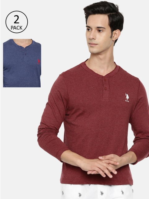 

U.S. Polo Assn. Men Pack of 2 Maroon & Blue Solid Henley Neck Athleisure T-shirt