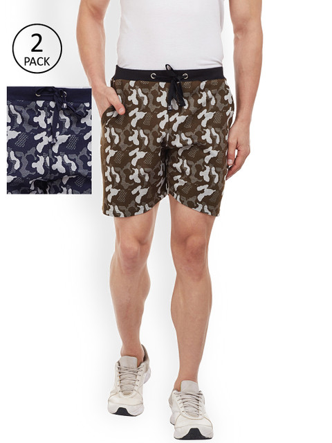 

VIMAL JONNEY Men Pack Of 2 Olive Green & Navy Blue Printed Regular Fit Regular Shorts