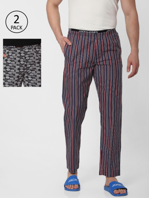 

Jack & Jones Pack of Two Men Black & White Printed & Navy Blue Stripped Lounge Pants
