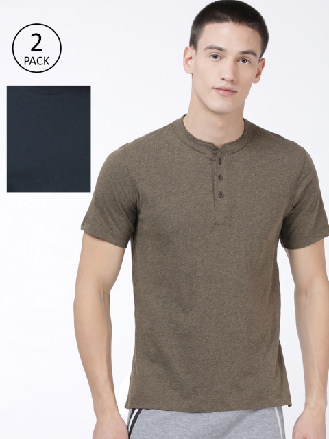 

Levis Men Pack of 2 Olive Green & Navy Blue Solid Pure Cotton T-shirt