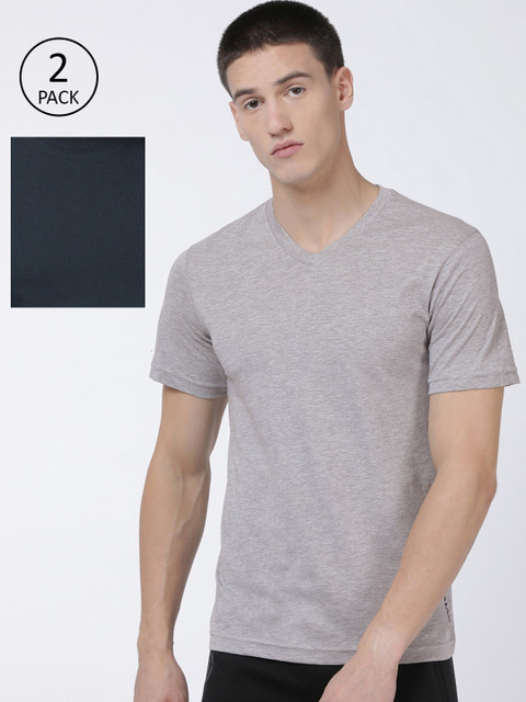 

Levis Men Pack of 2 Grey Melange & Navy Blue Solid Pure Cotton T-shirt
