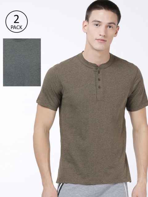 

Levis Men Pack of Two Olive Green & Grey Melange Henley Neck & Round Neck Lounge T-shirts