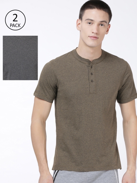 

Levis Men Pack of 2 Olive Green & Charcoal Grey Henley Neck & V-Neck Lounge T-shirts