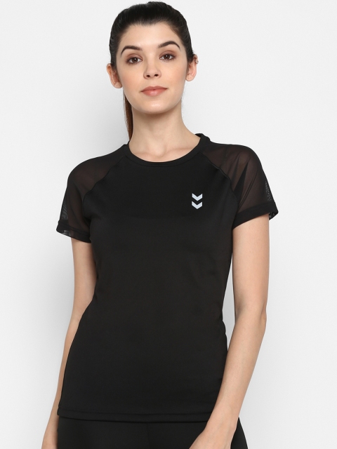 

hummel Women Black Solid Round Neck T-shirt With Mesh Detail