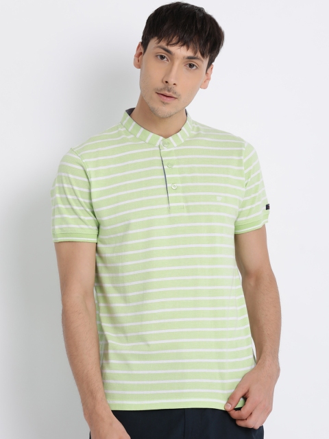 

t-base Men Green & White Striped Mandarin Collar T-shirt